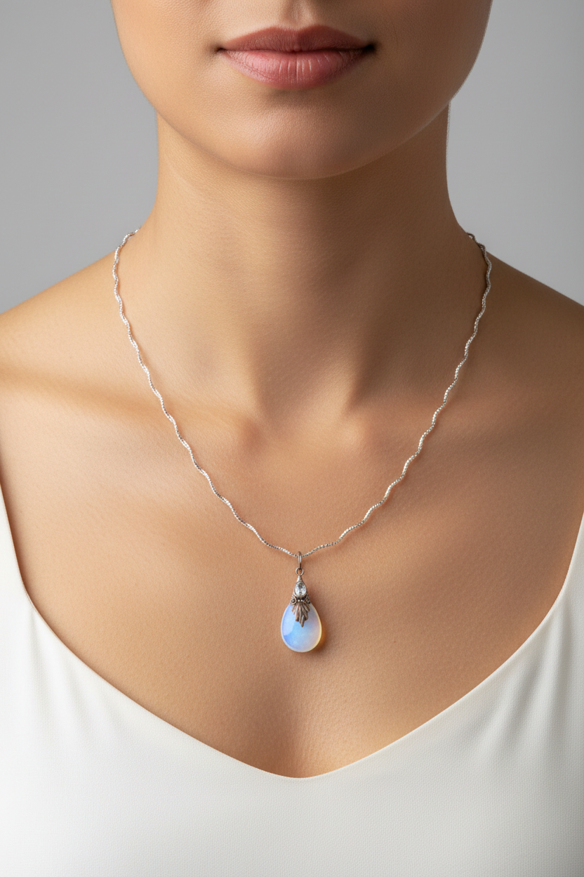 N24  Opalite & Blue Topaz on 20 inch wavy sterling silver omega chain