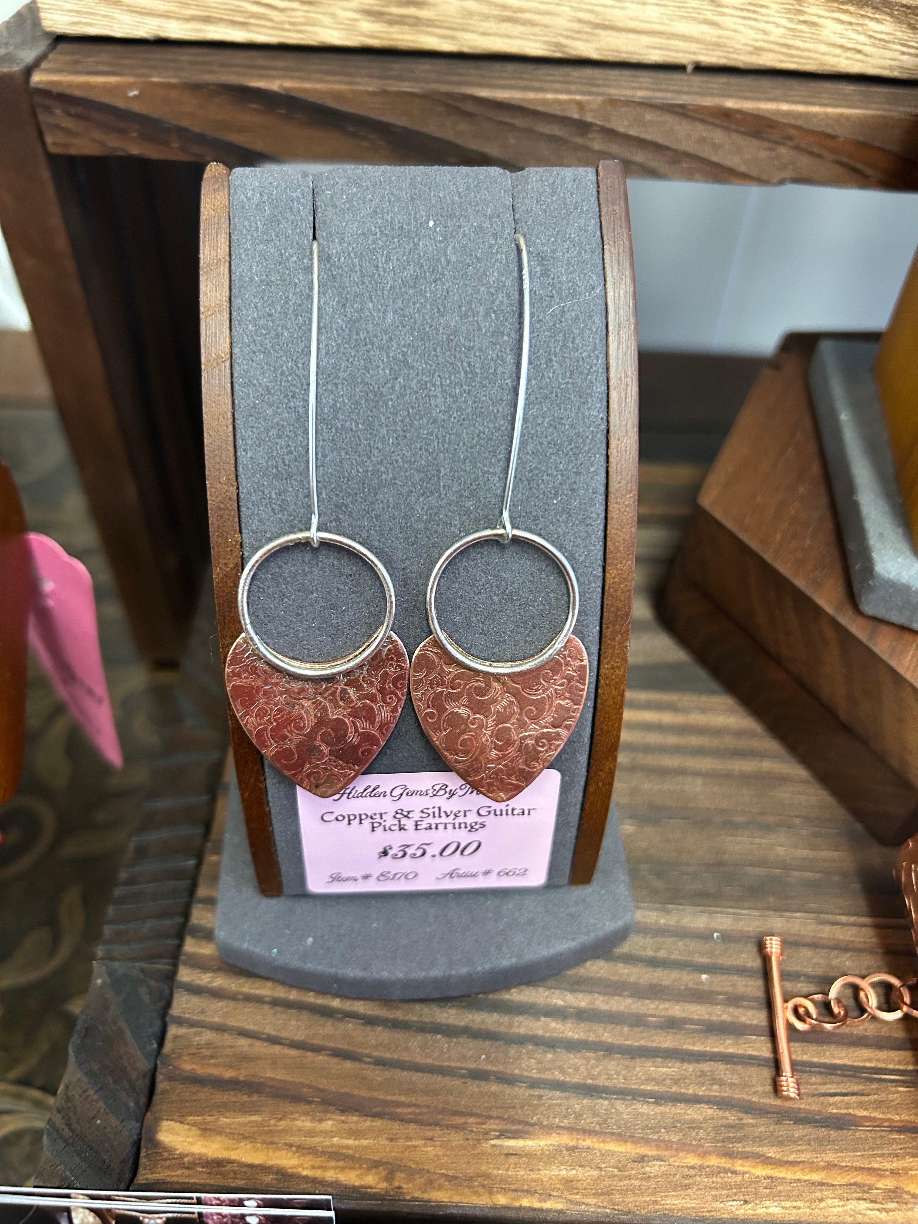 E191  Copper & Silver Guitar Pick Earrings