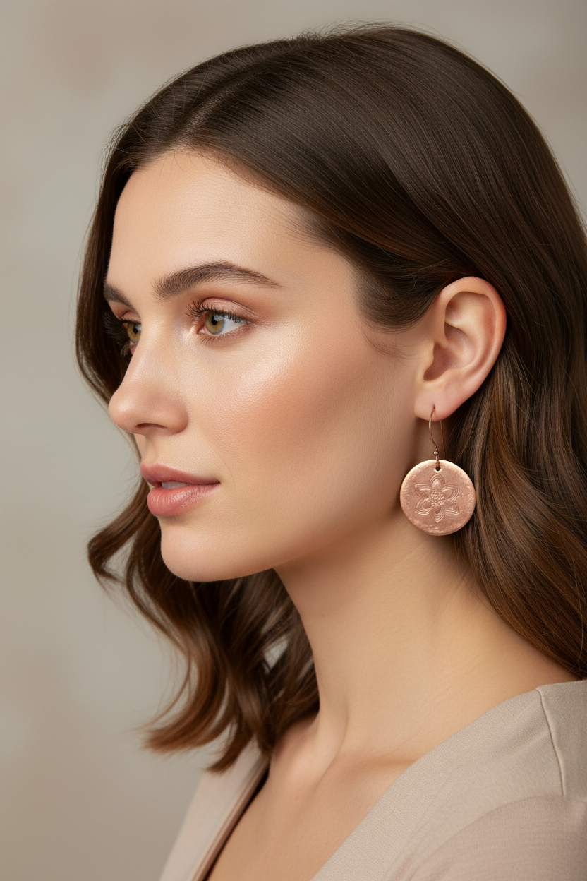 E129B Copper Flower Etched Disk Earrings