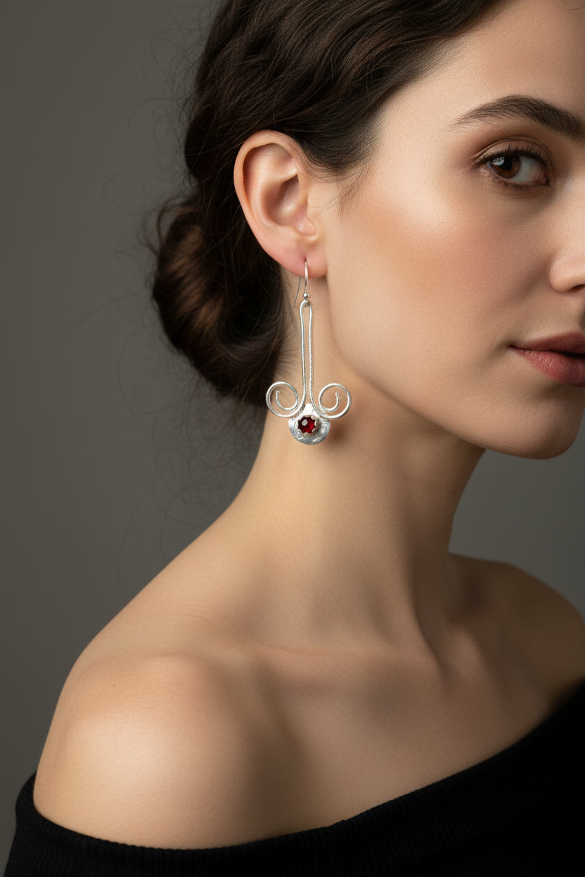 E113 SS & 5mm Garnet Chandelier Earrings