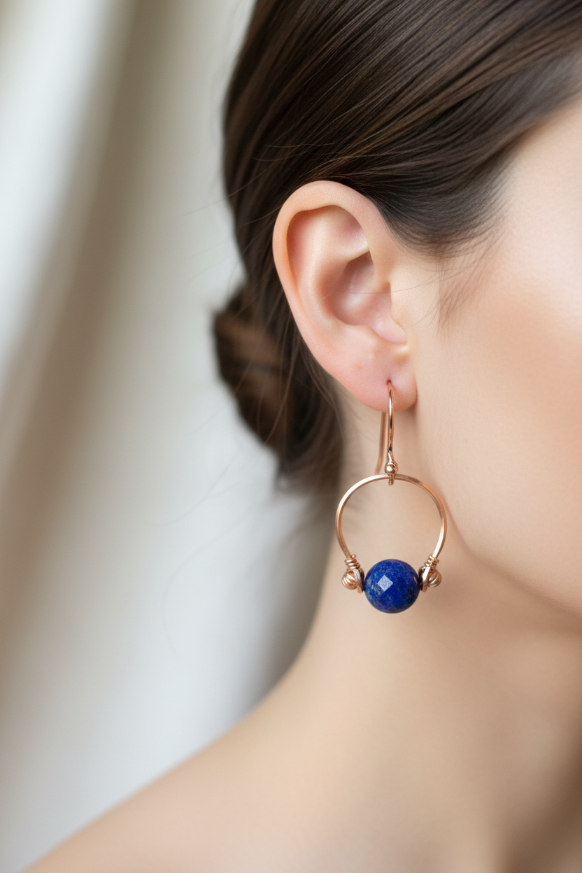 E195  “Lapis on a Wire” copper earrings