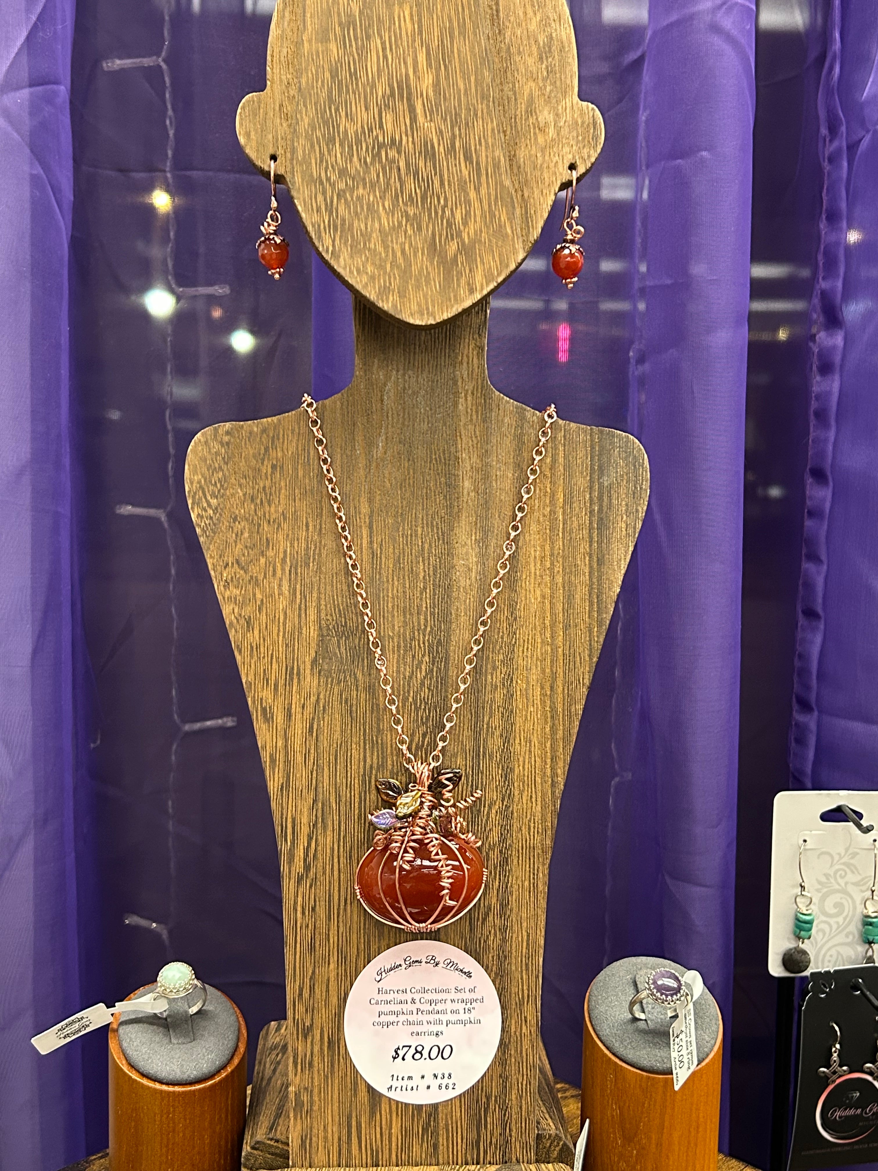 N38 Carnelian & Copper wrapped Pumpkin Pendant on 18” copper chain