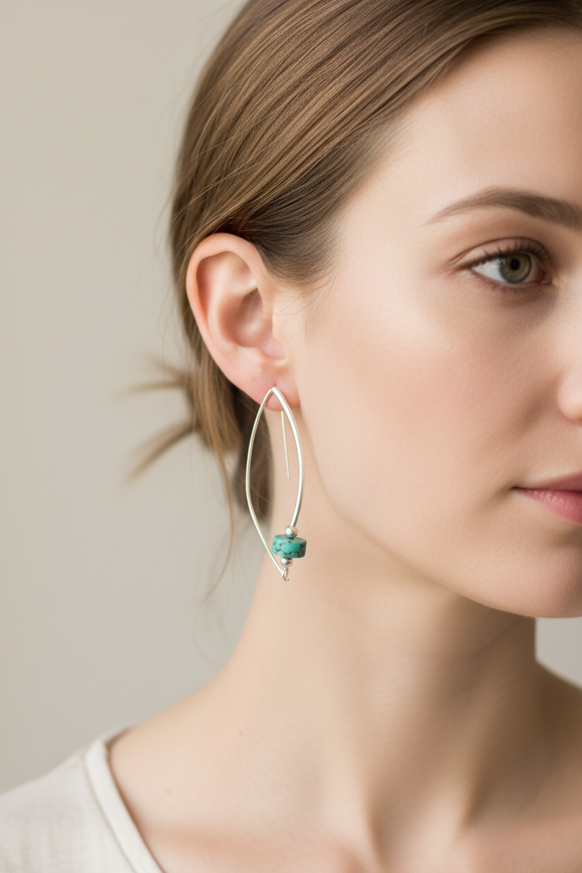 E150 Around the Bend SS & 8mm Turquoise Roundel bead earrings