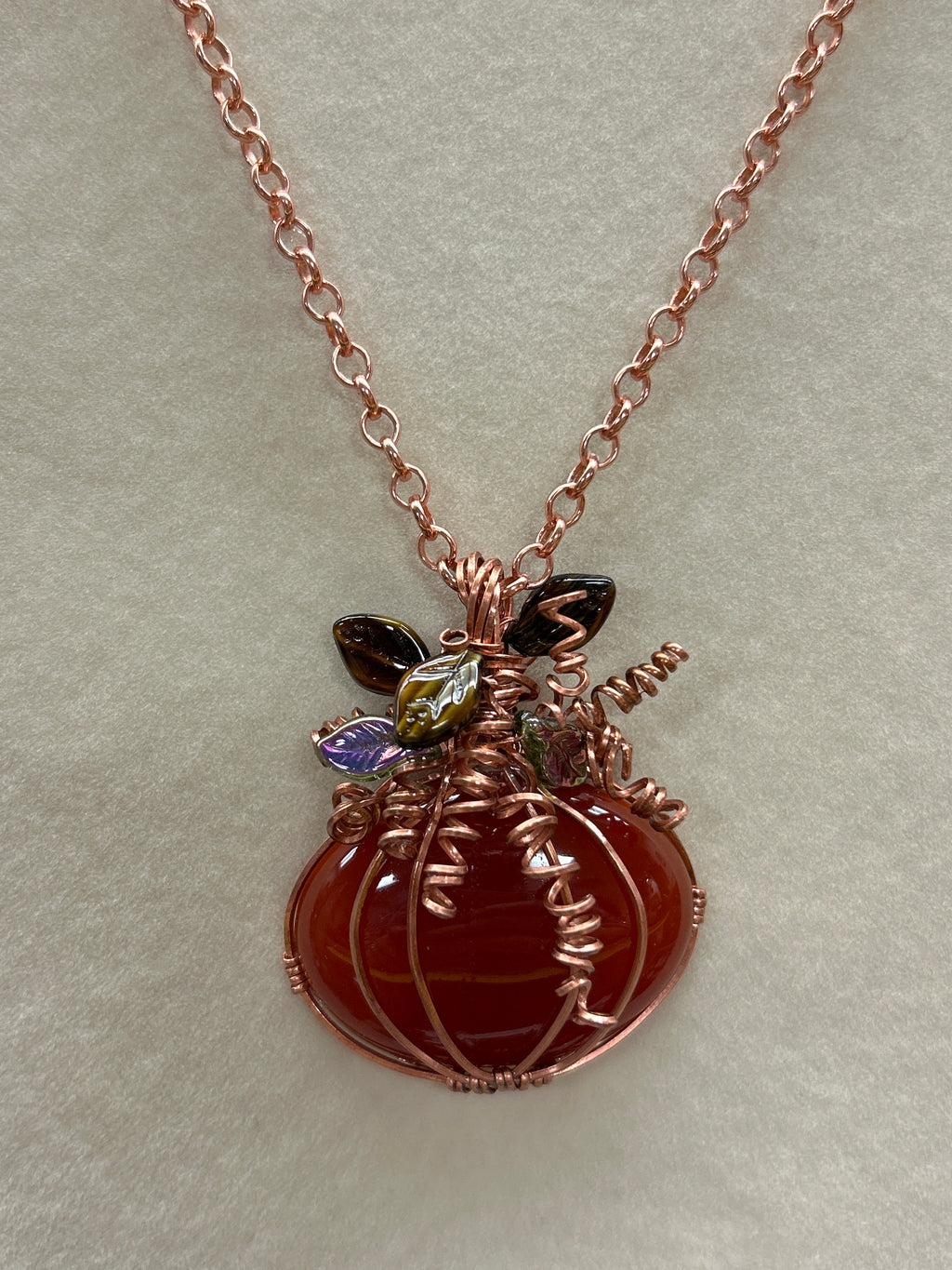 N38 Carnelian & Copper wrapped Pumpkin Pendant on 18” copper chain