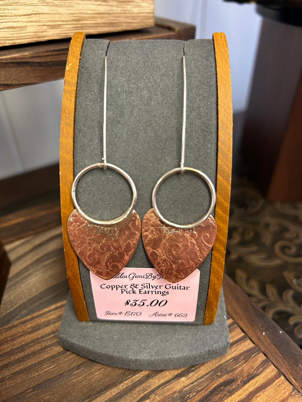 E191  Copper & Silver Guitar Pick Earrings