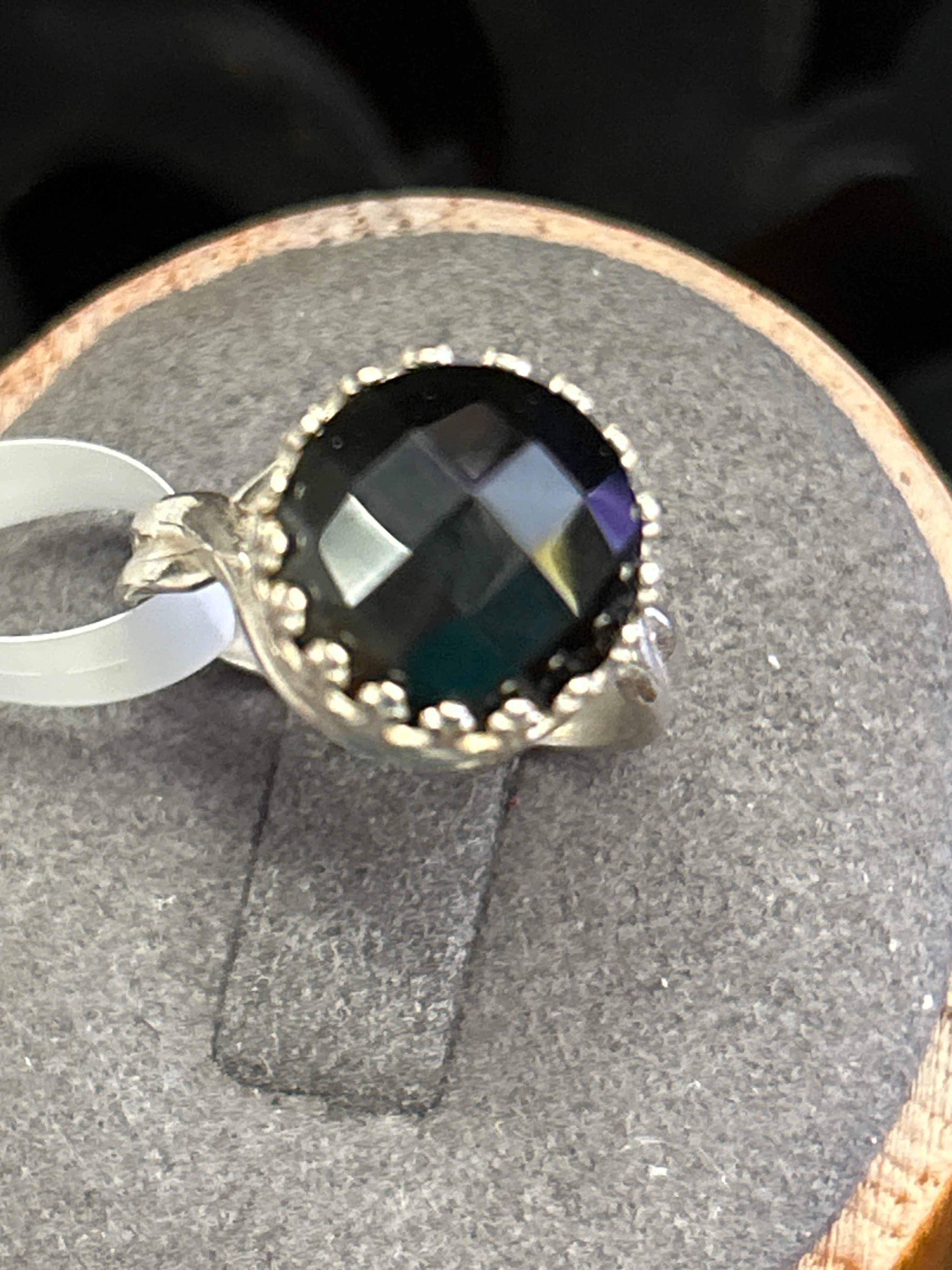 R38 SS 12mm Rose-cut Black Onyx crown bezel slit shank,size 6.5 ring