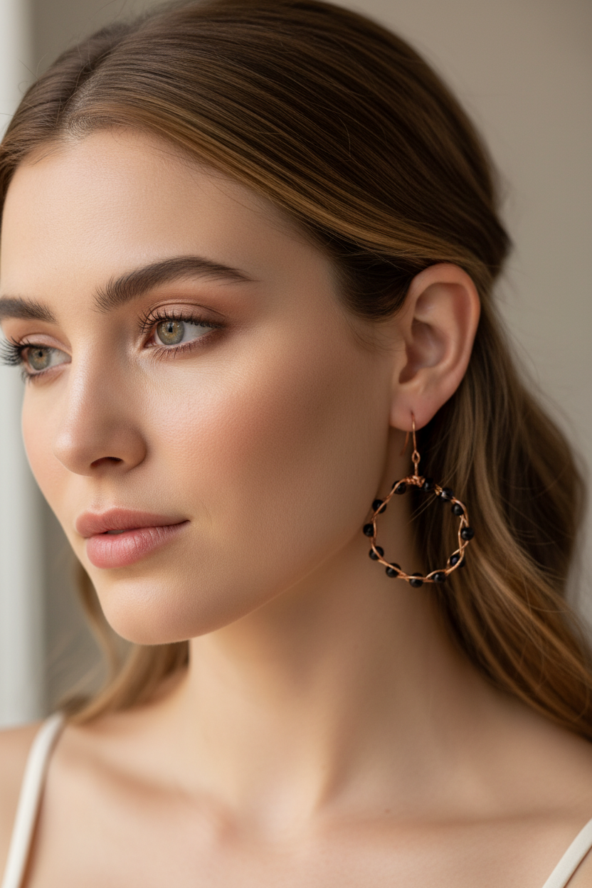 E61  Woven copper & Garnet Hoop Earrings