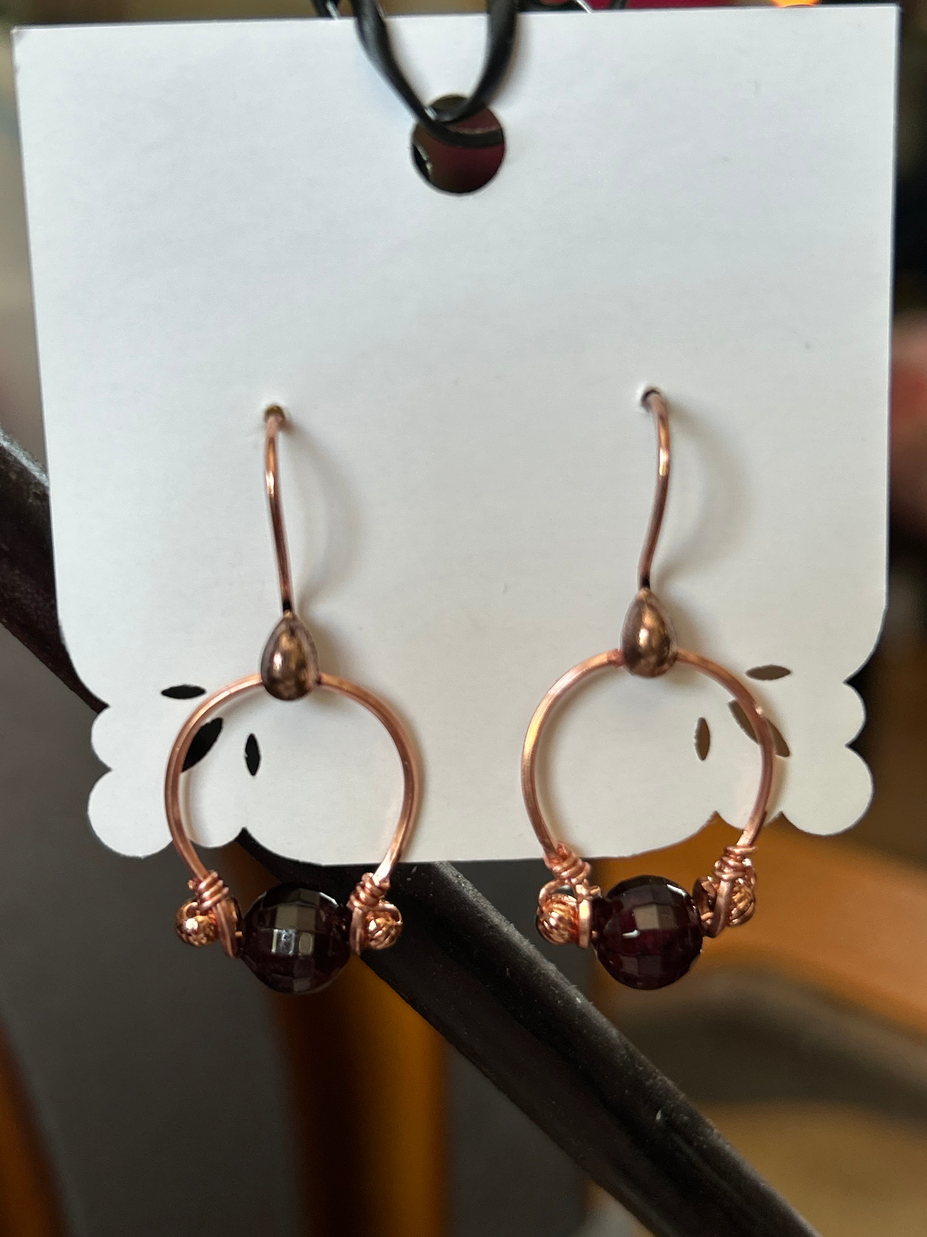E192  “Garnet on a Wire” copper earrings