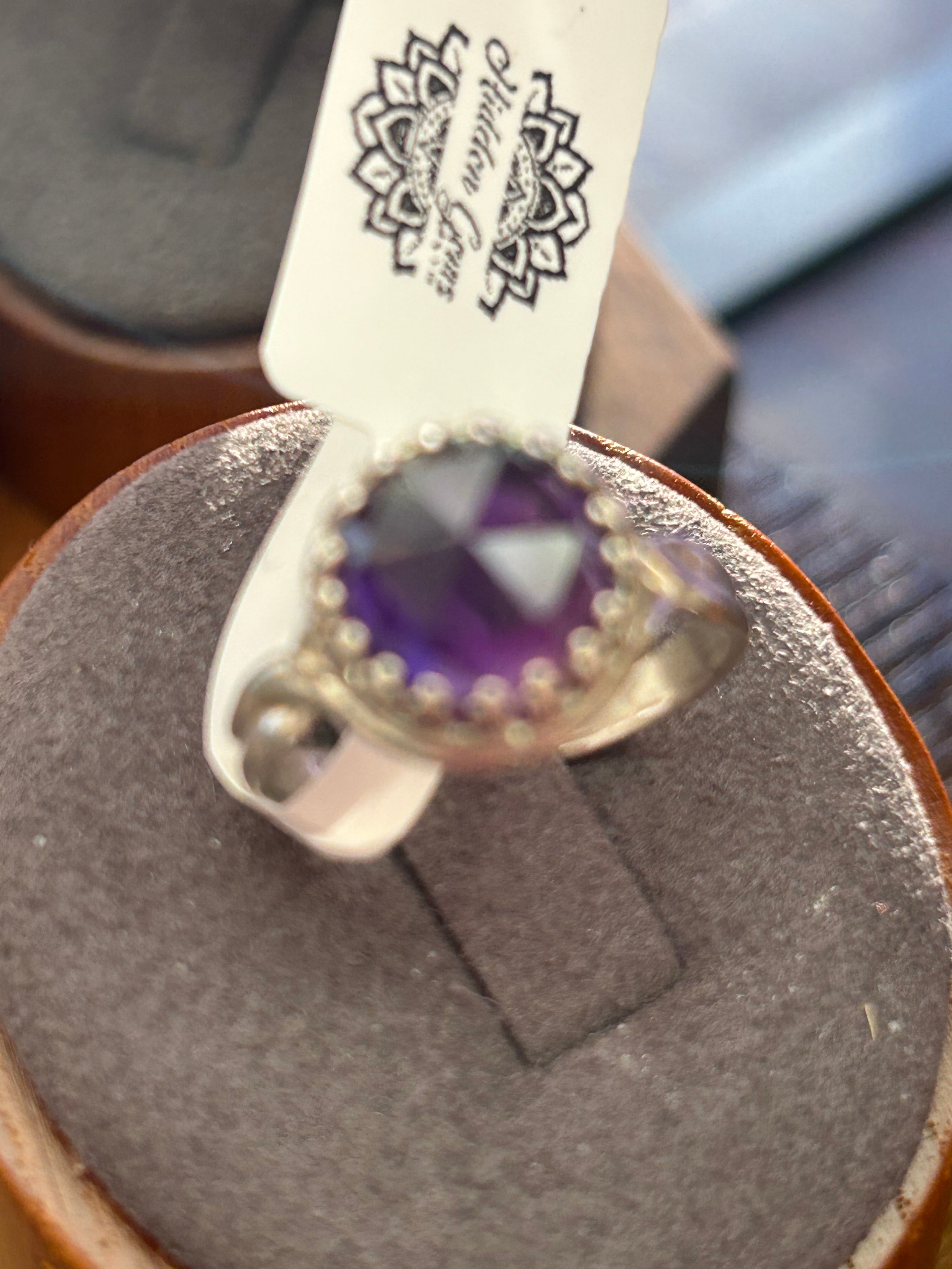 R36 SS 12 mm Rose-cut Dark amethyst, crown set split shank size 7 ring