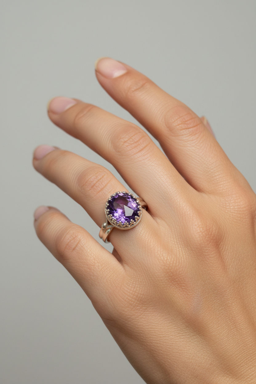 R39  SS 12 mm amethyst crown ring size 7 1/4 ring