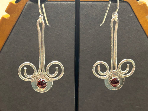 E113 SS & 5mm Garnet Chandelier Earrings