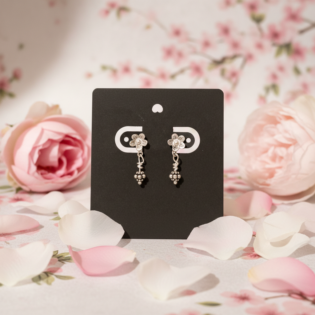 E68 SS Post flower with drop silver dangle earrings
