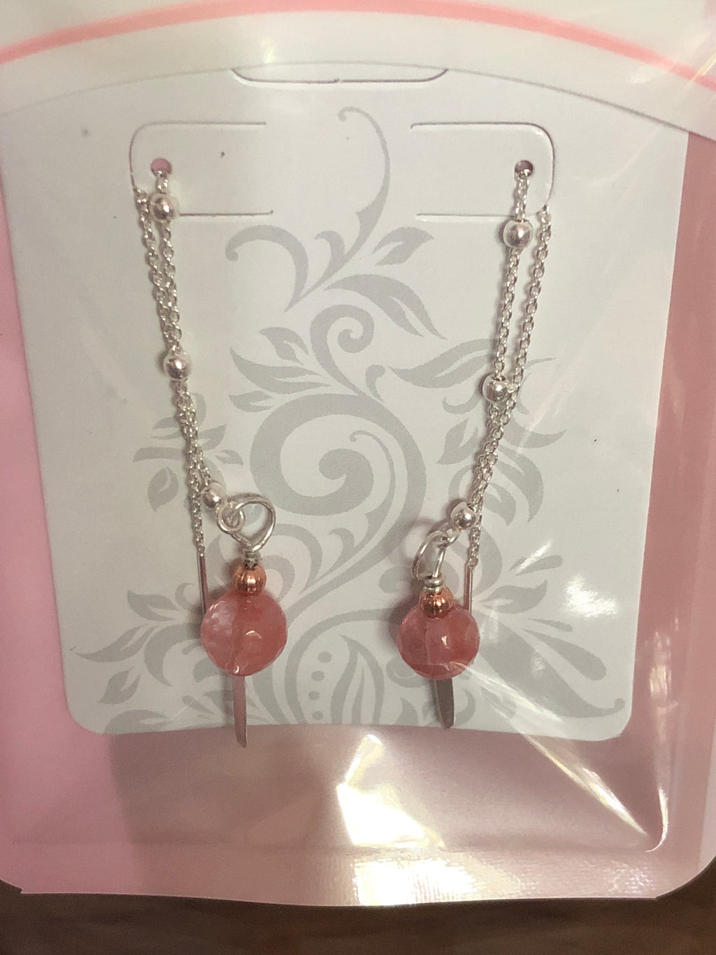E141 Strawberry quartz SS threader earrings
