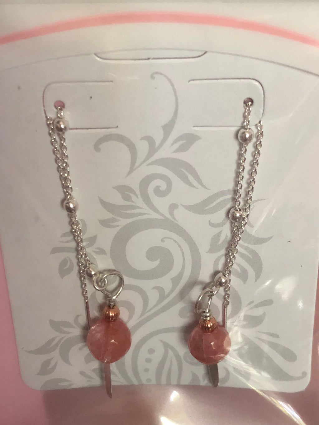 E141 Strawberry quartz SS threader earrings