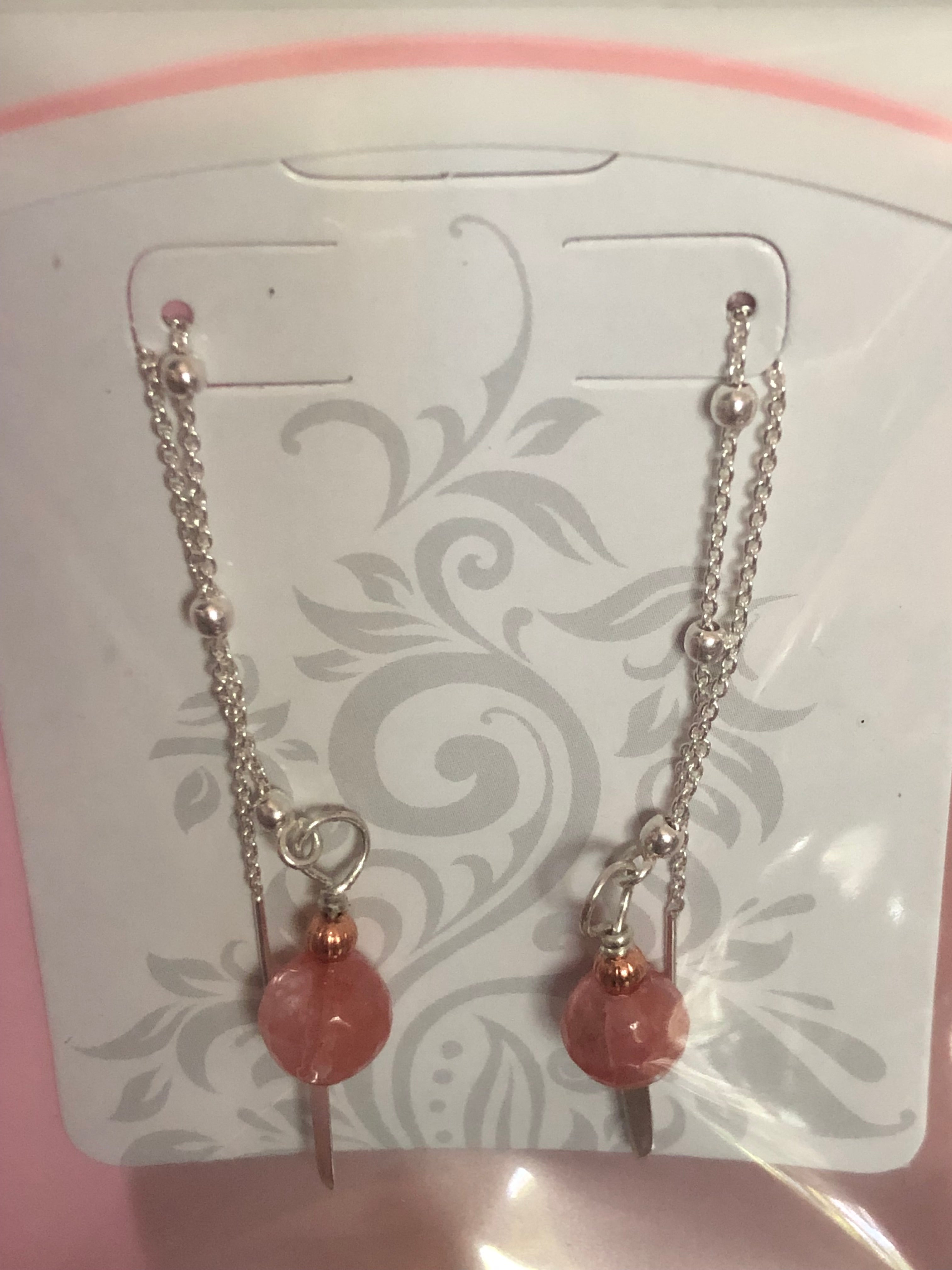 E141 Strawberry quartz SS threader earrings