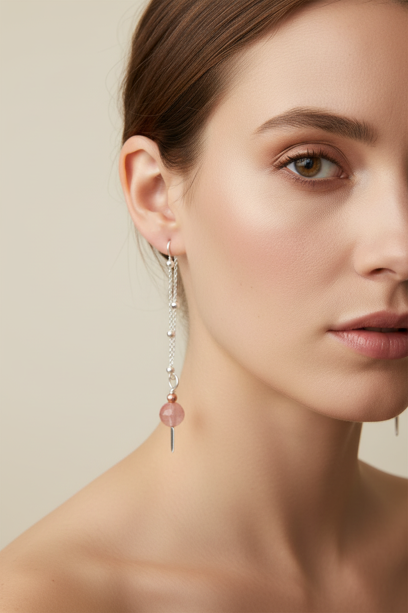 E141 Strawberry quartz SS threader earrings