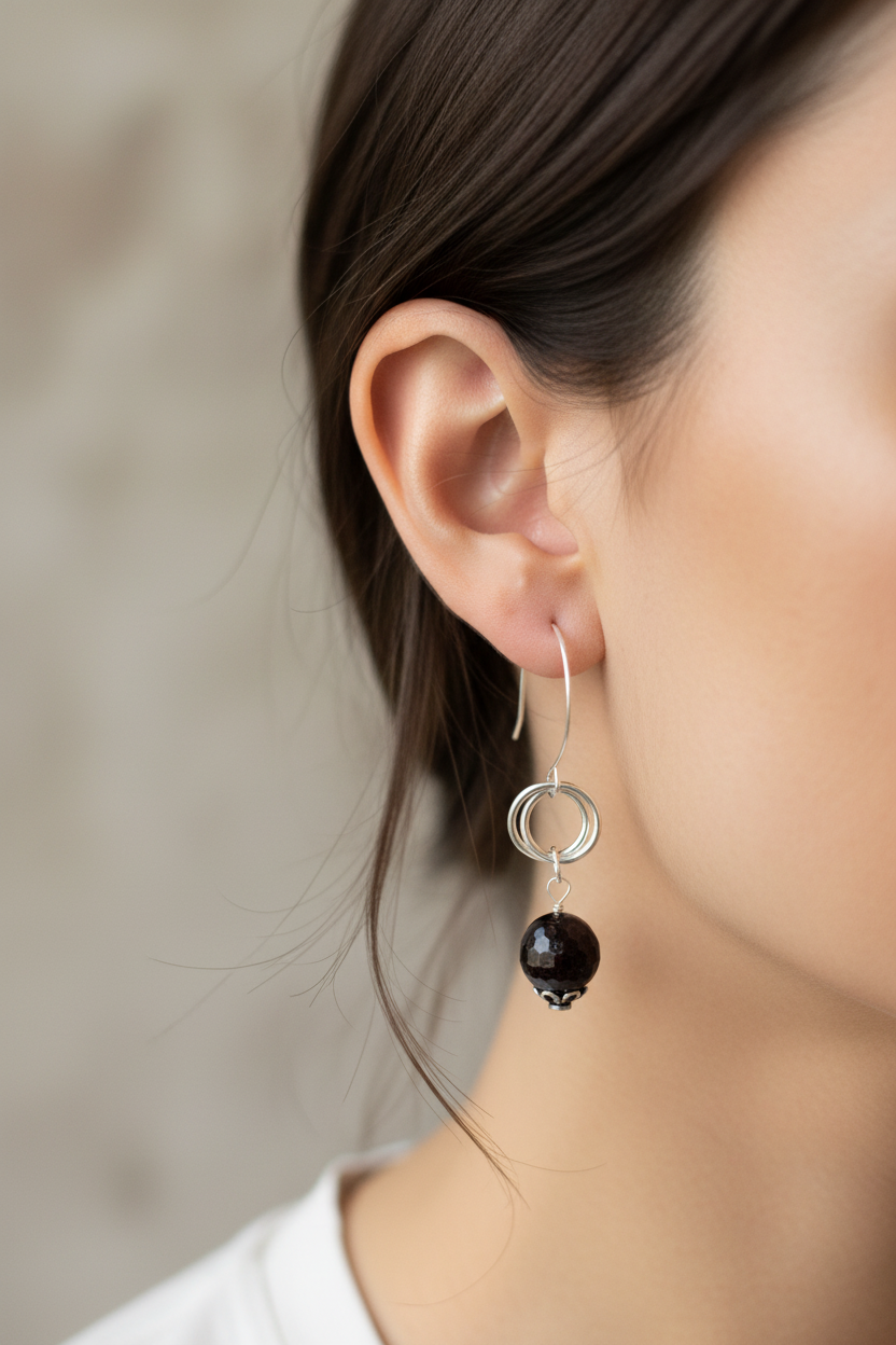 E136 SS Möbius & 11 mm Garnet earrings