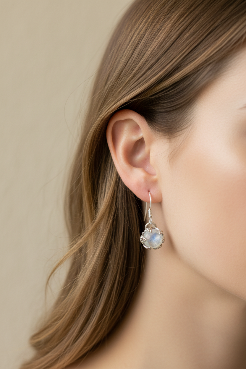 E103 12mm Rose-cut Moonstone & Stering Silver Earrings