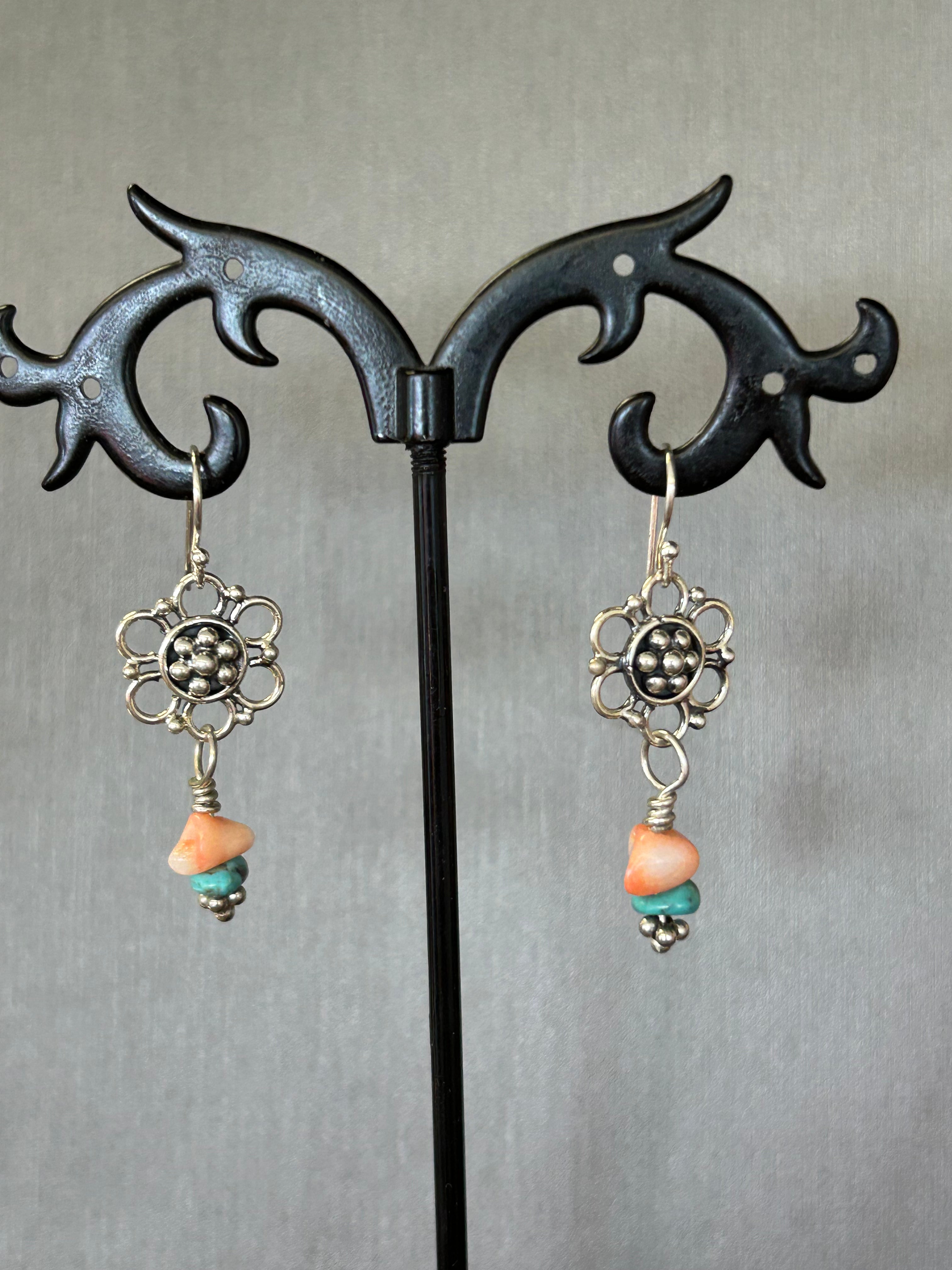 E100 SS Flower with Coral & Turquoise drop earrings