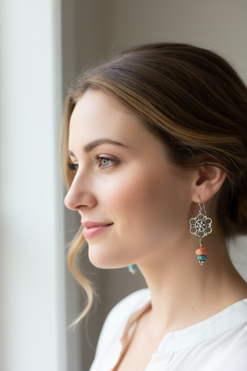 E100 SS Flower with Coral & Turquoise drop earrings