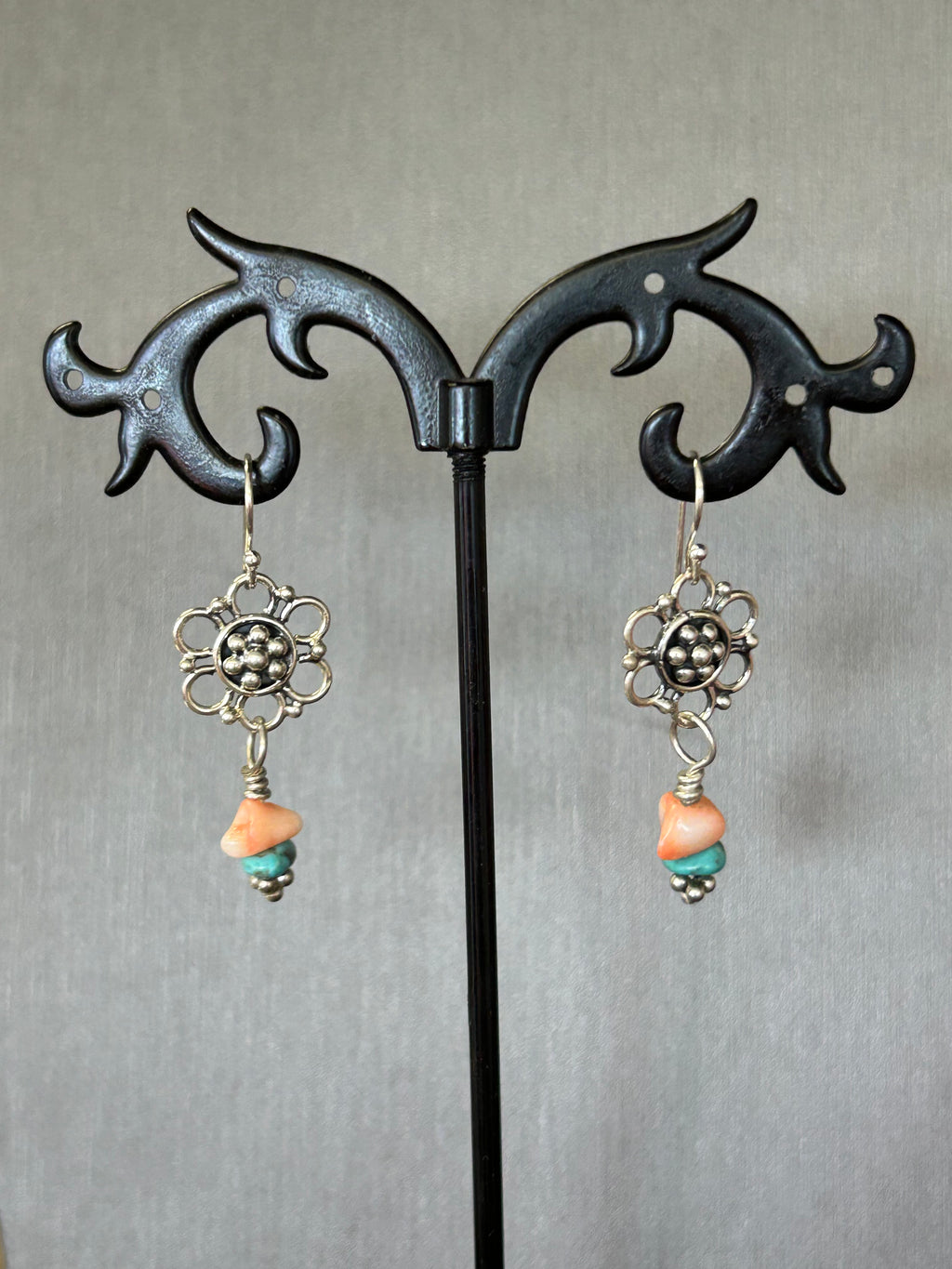 E100 SS Flower with Coral & Turquoise drop earrings