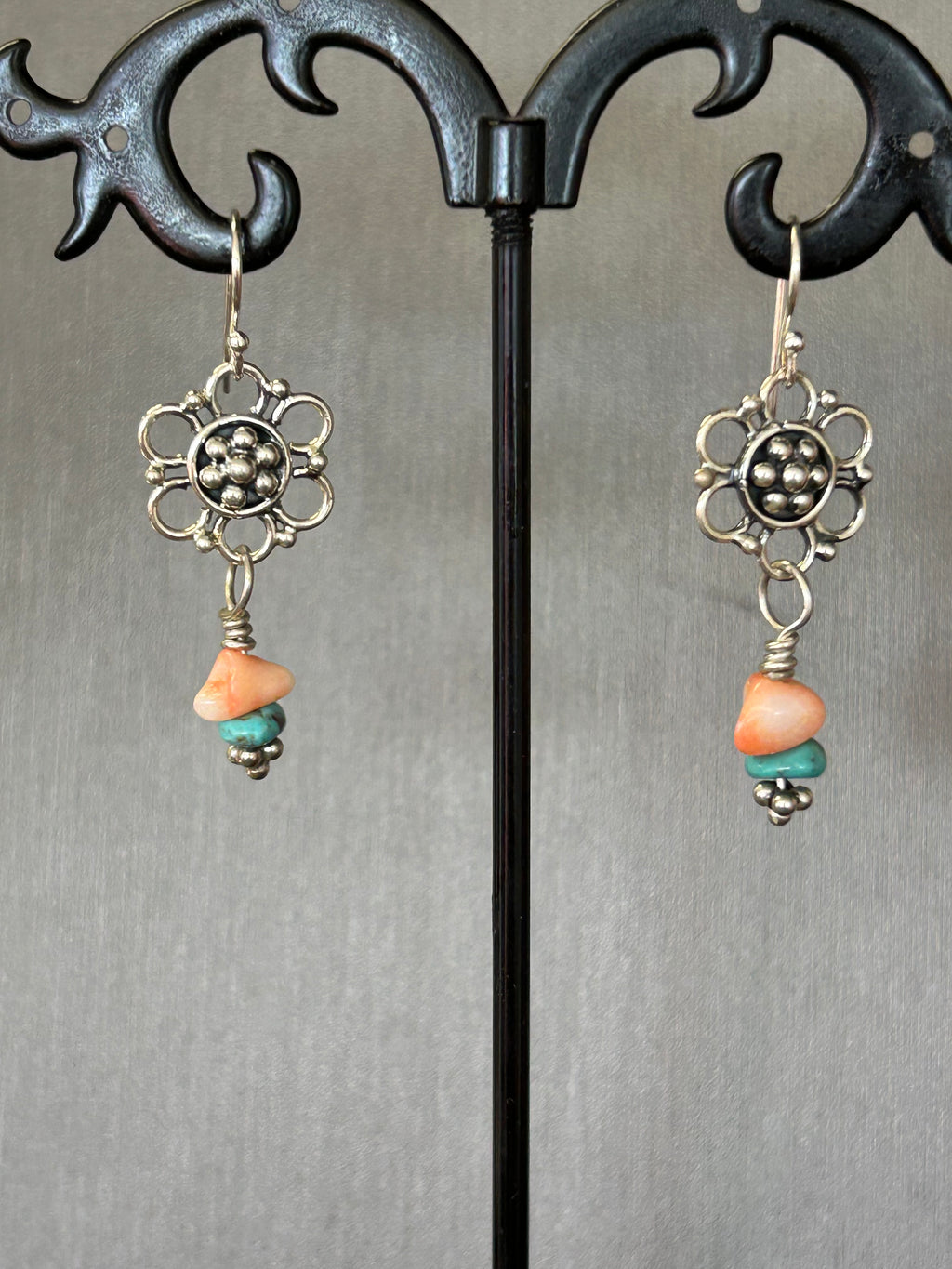 E100 SS Flower with Coral & Turquoise drop earrings