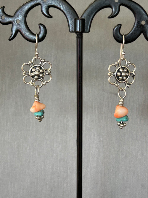 E100 SS Flower with Coral & Turquoise drop earrings