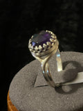 R36 12 mm Rose-cut Dark amethyst set in SS crown bezel & split shank size 7 ring