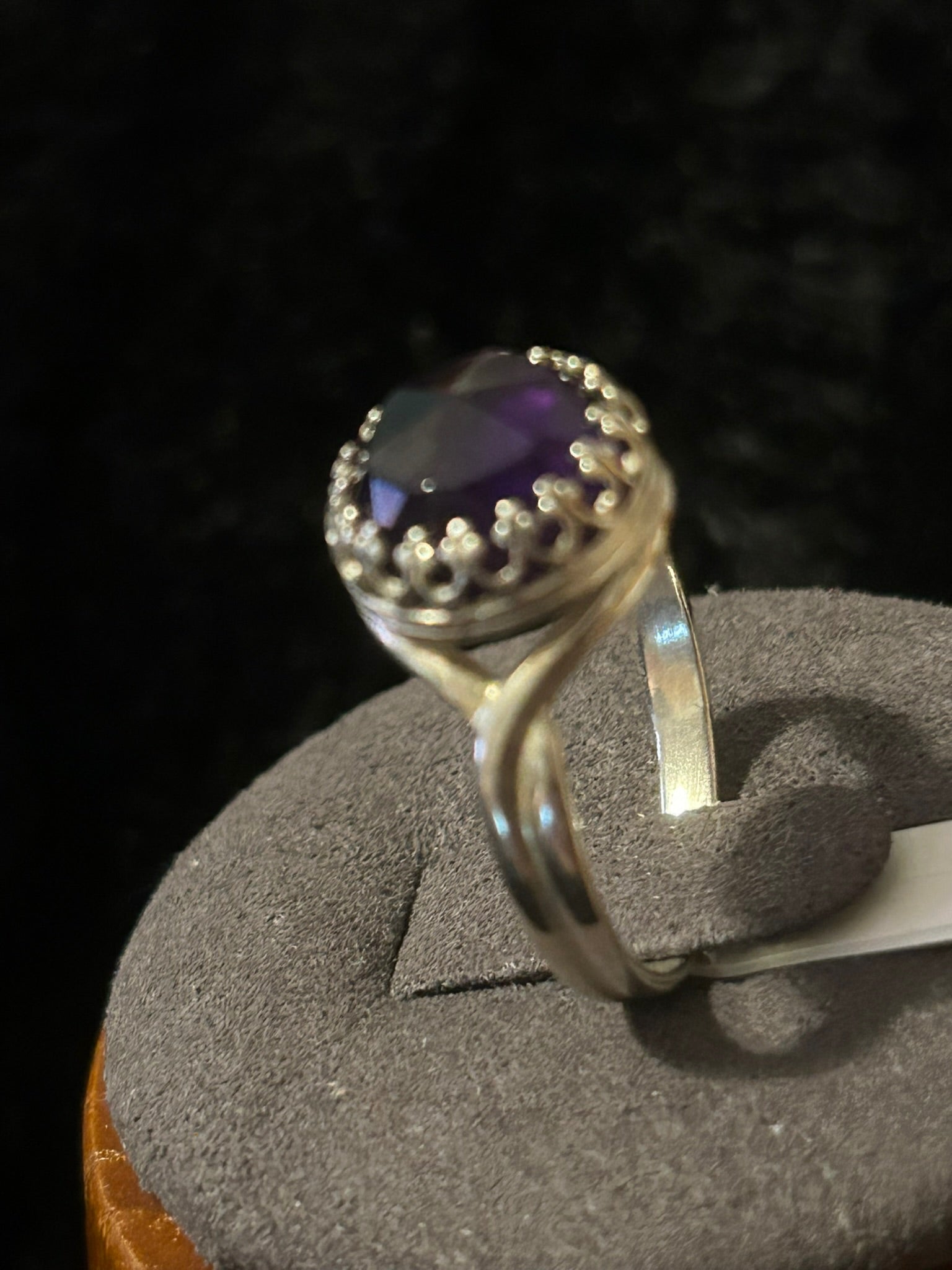 R36 12 mm Rose-cut Dark amethyst set in SS crown bezel & split shank size 7 ring
